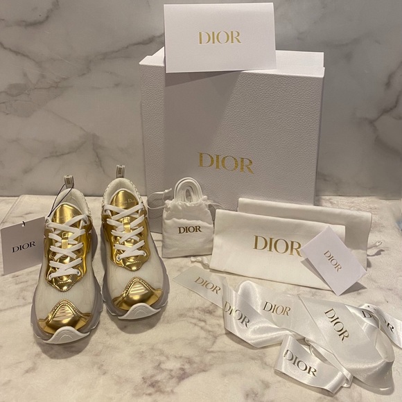 NIB Women’s Authentic Dior Vibe White & Metallic Gold Mesh and Leather Sneakers - Picture 3 of 15